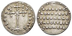 BYZANTINE COINS CONSTANTINE VII PORPHYROGENITUS with ROMANUS I.(913-959).Constantinople.Miliaresion. Obv : IҺSЧS XRISTЧS ҺICA. Cross crosslet set upon three steps, with saltire cross at center; pellet