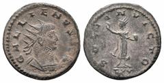 Roman Imperial Coins GALLIENUS.253-268 AD.Antioch Mint.AR Antoninianus Obverse : GALLIENVS AVG; radiate and cuirassed bust of Gallienus righ Reverse : SOLI INVICTO, Sol standing facing, head left, ext