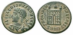 Roman Imperial Coins CRISPUS.317-326 AD.Nicomedia Mint.AE Follis Obverse : FL IVL CRISPVS NOB CAES; Bust of Crispus, laureate, draped, cuirassed, left Reverse : PROVIDEN-TIAE CAESS; Camp gate with two