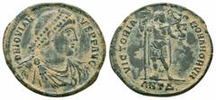 Roman Imperial Coins JOVIAN. 363-364 AD.Antioch Mint.AE Follis Obverse : D N IOVIAN VS P F AVG; Bust of Jovian, pearl-diademed, draped, cuirassed, right Reverse : VICTORIA ROMANORVM; Jovian, draped, c