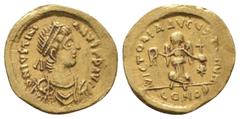 Byzantine Coins IUSTINIANUS I.527-565 AD.Constantinopolis Mint.AV Tremissis Obverse : D N IVSTINIANVS P P AVG; diademed, draped and cuirassed bust right Reverse : VICTORIA AVGVSTORVM; Victory advancin
