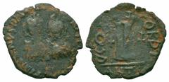 Byzantine Coins JUSTIN I and JUSTINIAN I.527 AD.Antioch Mint. AE Decanummium Obverse : DN DN IVSTINVS ET IVSTINIANVS P P AVG; crowned and draped facing busts of Justin and Justinian Reverse : B CONCOR