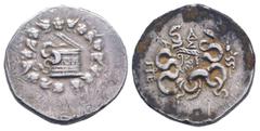 Greek Coins MYSIA. Pergamon. Circa 133-67 BC. AR Cistophoric Tetradrachm . Cista mystica with serpent; all within ivy wreath / Bow-case with serpents; A / Σ above, serpent entwined thyrsos right. Klei