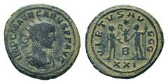 Roman Imperial Coins CARUS.282-283 AD. Antioch mint.AE Follis. IMP C M AVR CARVS P F AVG, Radiate, draped and cuirassed bust right / VIRTVS AVGG - B - XXI, Emperor standing right, holding sceptre, rec