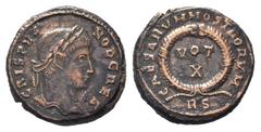 Roman Imperial Coins CRISPUS.316-326 AD.Rome mint.AE Follis.CRISPVS NOB CAES, Laureate head right / CAESARVM NOSTRORVM RS. VOT - X in two lines within wreath. RIC 240.Good fine. Weight : 3.7 gr Diamet