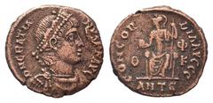 Roman Imperial Coins GRATIAN.367-383 AD. Antioch mint.AE Follis. DN GRATIANVS PF AVG, Diademed, draped and cuirassed bust right / CONCORDIA AVGGG n Φ - Θ - K ANTE, Roma seated facing, head left, on th