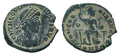 Roman Imperial Coins THEODOSIUS I. 379-395 AD.Antioch mint.AE Follis. D N THEODO SIVS P F AVG, pearl diademed, draped and cuirassed bust right / CONCOR DIA AVGGG, Constantinopolis, helmeted, seated fa