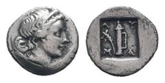 Greek Obols LYCIA.Lycian League. Masikytes 48-27 BC.Draped bust of Artemis left, bow and quiver over shoulder / Λ Y M A, quiver within, branch to left, all within incuse square.Troxell 136; SNG Aulock