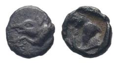 Greek Obols DYNASTS of LYCIA. Uncertain.450-400 BC.AR Obol.Forepart of boar to left / Head and neck of leashed dog left, within incuse square.Unpubleshed.Extremely RARE. Weight : 0.4 gr Diameter : 6 m