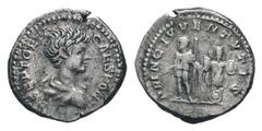Roman Coins GETA. 198-209 AD.Rome mint.AR Denarius.SEPT GETA CAES PONT, bare headed and draped bust of Geta to right / PRI NC IVVENTVTIS, Geta standing facing, head left, holding baton and scepter, to