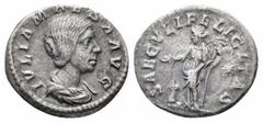 Roman Coins JULIA SOEMIAS.218 - 222 AD.Rome Mint.AR Denarius.IVLIA SOAEMIAS AVG; Bust of Julia Soaemias, hair waved and turned up low at the back, draped, right / SAECVLI FELICITAS; Felicitas, draped,