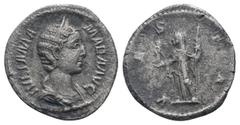 Roman Coins JULIA MAMAEA (Augusta, 222-235). Denarius. Rome.IVLIA MAMAEA AVG: Bust of Julia Mamaea, diademed, right / VESTA: Vesta, veiled, draped, standing left, holding palladium in right hand and u