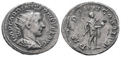 Roman Coins GORDIAN III.238-244 AD. Rome mint.AR Antoninianus.IMP GORDIANVS PIVS FEL AVG, bust of Gordian III, radiate, draped, cuirassed, right / P M TR P III COS II P P, Gordian III, in military att