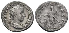 Roman Coins GORDIAN III.238-244 AD. Rome mint.AR Antoninianus.IMP CAES M ANT GORDIANVS AVG, bust of Gordian III, radiate, draped, cuirassed, right / P M TR P II COS P P, Gordian III, veiled, togate, s