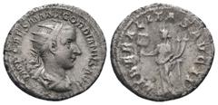 Roman Coins GORDIAN III.238-244 AD. Rome mint.AR Antoninianus.IMP CAES M ANT GORDIANVS AVG: Bust of Gordian III, radiate, draped, cuirassed, right / LIBERALITAS AVG II: Liberalitas, draped, standing f
