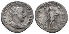 Roman Coins GORDIAN III.238-244 AD. Rome mint.AR Antoninianus.IMP GORDIANVS PIVS FEL AVG, bust of Gordian III, radiate, draped, cuirassed, right / P M TR P III COS II P P, Gordian III, in military att