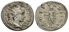 Roman Coins AEMILIAN (253). Antoninianus. Rome.IMP AEMILIANVS PIVS FEL AVG: Bust of Aemilian, radiate, draped, cuirassed, right / SPES PVBLICA: Spes, draped, advancing left, holding flower in right ha