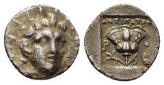 Greek Coins ISLANDS of CARIA.Rhodos.Rhodes.(Circa 125-88 BC).Hemidrachm. Obv : Radiate head of Helios facing slightly right. Rev : ANTIΠATPOΣ. Rose with bud to left, Isis crown to lower right; all wit