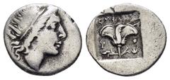 Greek Coins ISLANDS of CARIA.Rhodos.Rhodes.(Circa 150-125 BC).Drachm. Obv : Radiate head of Helios to right. Rev : APTEMΩN / P - O. Rose with bud to right; to left, Isis headdress; all within incuse s