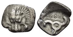 Greek Coins DYNASTS of LYCIA. Perikles.(Circa 380-360 BC).Third Stater. Obv : Lion scalp facing. Rev : Triskeles; in one section, all within incuse square. Condition : Minor crack on the reverse.Fine.