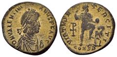 Roman Coins VALENTINIAN II.(383-388).Constantinople.Ae. Obv : D N VALENTINI-ANVS P F AVG. Bust of Valentinian II, pearl-diademed, draped and cuirassed, right. Rev : VIRTVS E-XERCITI / CONSB. Emperor s