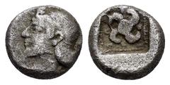 Greek Coins DYNASTS of LYCIA.Teththiveibi.(450-420 BC).Uncertain.Diobol. Obv : Head of Artemis to left. Rev : Tetraskeles within incuse square. SNG von Aulock 4162 (tetrobol). Condition : Somewhat por