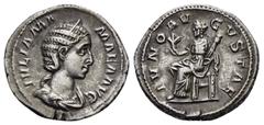 Roman Coins JULIA MAMAEA.(222-235).Rome.Denarius. Obv : IVLIA MAMAEA AVG. Bust of Julia Mamaea, diademed, draped to right. Rev : IVNO AVGVSTAE. Juno, draped, seated left, holding flower in right hand 