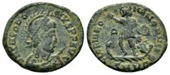 Roman Coins THEODOSIUS I.(379-395).Cyzikos.Follis. Obv : D N THEODOSIVS P F AVG. Helmeted, diademed, draped and cuirassed bust right, holding shield and spear. Rev : GLORIA ROMANORVM / SMKA. Theodosiu