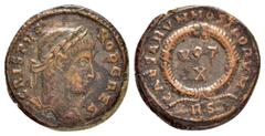 Roman Imperial Coins CRISPUS.(316-326).Rome.Follis. Obv : CRISPVS NOB CAES. Laureate head right. Rev : CAESARVM NOSTRORVM RS. VOT - X. In two lines within wreath. RIC 240. Condition : Red-brownish pat