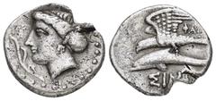 Greek Coins PAPHLAGONIA.Sinope.(Circa 330-300 BC).Drachm. Obv : Head of nymph left, with hair in sakkos, aphlaston to left. Rev : ΦΑΓΕΤΑ ΣINΩ. Sea-eagle standing left, with wings spread, on dolphin le