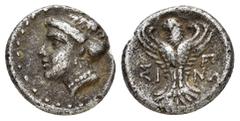 Greek Coins PAPHLAGONIA.Sinope.(Circa 330-250 BC).Hemidrachm. Obv : Head of nymph left, with hair in sakkos. Rev : ΣΙ - ΝΩ. Eagle facing, head left, wings displayed; Π to right. SNG BM Black Sea 1495-