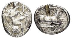 Greek Coins CYPRUS.Salamis.Evagoras I.(Circa 411-374 BC).1/3 Stater. Obv : Herakles seated right on rocks, holding club and cornucopia; Cypriot legend around. Rev : Goat kneeling right; Cypriot legend