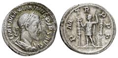 Roman Imperial Coins MAXIMINUS THRAX.(235-238).Rome.Denarius. Obv : IMP MAXIMINVS PIVS AVG. Laureate, draped and cuirassed bust right. Rev : P M TR P P P. Maximinus standing left between two signa, ra