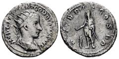 Roman Imperial Coins GORDIAN III.(238-244).Rome.Antoninianus. Obv : IMP CAES M ANT GORDIANVS AVG. Radiate, draped and cuirassed bust right. Rev : P M TR P II COS P P. Gordian standing left, holding sc