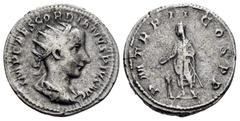 Roman Imperial Coins GORDIAN III.(238-244).Rome.Antoninianus. Obv : IMP CAES M ANT GORDIANVS AVG. Radiate, draped and cuirassed bust right. Rev : P M TR P II COS P P. Gordian standing left, holding sc
