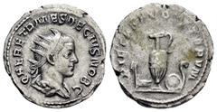 Roman Imperial Coins HERENNIUS ETRUSCUS.(249-251).Rome.Antoninianus. Obv : Q HER ETR MES DECIVS NOB C. Radiate and draped bust right. Rev : PIETAS AVGVSTORVM. Emblems of the pontificate: aspergillum, 