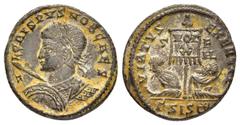 Roman Imperial Coins CRISPUS.(316-326).Siscia.Follis. Obv : IVL CRISPVS NOB CAES. Laureate and cuirassed bust left, holding spear and shield. Rev : VIRTVS EXERCIT S - F - HL - Γ SIS. Vexillum inscribe
