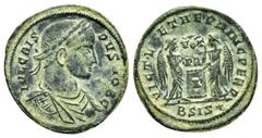 Roman Imperial Coins CRISPUS.(317-326).Siscia.Follis. Obv : IVL CRISPVS NOB C. Laureate, draped and cuirassed bust right. Rev : VICT LAETAE PRINC PERP I BSIS. Two Victories holding shield inscribed VO