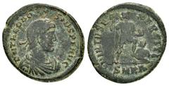 Roman Imperial Coins THEODOSIUS I.(379-395).Cyzicus.Ae. Obv : D N THEODOSIVS P F AVG. Diademed, draped and cuirassed bust right. Rev : VIRTVS EXERCITI / SMKA. Emperor standing right, holding standard 