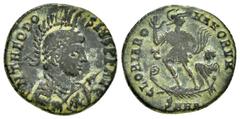 Roman Imperial Coins THEODOSIUS I.(379-395).Heraclea.Ae. Obv : D N THEODOSIVS P F AVG. Pearl-diademed, helmeted, draped and cuirassed bust right, holding spear and shield. Rev : GLORIA ROMANORVM SMHA.