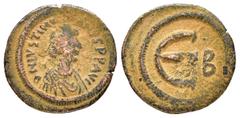 Byzantine Coins JUSTINIAN I.(527-565).Constantinople.Pentanummium. Obv : D N IVSTINIANVS P P AVG. Diademed, draped and cuirassed bust right. Rev : Large E; B to right. Sear 170. Condition : Red-browni
