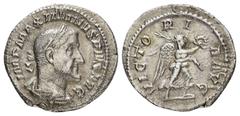 Roman Imperial Coins MAXIMINUS THRAX.(235-238).Rome.Denarius. Obv : IMP MAXIMINVS PIVS AVG. Laureate, draped and cuirassed bust right. Rev : VICTORIA AVG. Victory advancing right, holding wreath and p