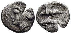 Greek Coins PAPHLAGONIA. Sinope.(Circa 330-300 BC).Drachm. Obv : Head of nymph left, with hair in sakkos. Rev : AΓPEΩΣ ΣINΩ. Sea-eagle standing left, with wings spread, on dolphin left. SNG BM Black S