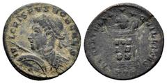 Roman Imperial Coins CRISPUS.(Caesar, 316-326). Treveri.Follis. Obv : IVL CRISPVS NOB CAES. Laureate, cuirassed, head left. Rev : BEATA TRAN-QVILLITAS PTR. Globe on altar inscribed VO/TIS/XX; above, t