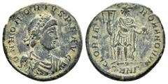 Roman Imperial Coins HONORIUS.(393-423). Nicomedia.Ae. Obv : D N HONORIVS P F AVG. Diademed draped and cuirassed bust right. Rev : GLORIA ROMANORVM / SMNA. Honorius standing facing, head right, holdin