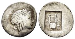 Roman Provincial Coins LYCIA. Lycian League. Masicytes.(Circa 27-20 BC).Hemidrachm. Obv : Λ - V. Laureate head of Apollo right. Rev : M - A. Cithara (lyre) tripod to right; all within incuse square. R