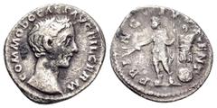 Roman Imperial Coins COMMODUS.(Caesar, 166-177).Rome.Denarius. Obv : COMMODO CAES AVG FIL GERM. Bareheaded and draped bust right. Rev : PRINC IVVENT. Commodus standing left, holding spear and branch; 