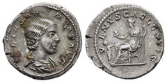 Roman Imperial Coins JULIA SOAEMIAS.(Augusta, 218-222).Rome.Denarius. Obv : IVLIA SOAEMIAS AVG. Draped bust right. Rev : VENVS CAELESTIS. Venus seated left with apple and sceptre; in front, Cupido. RI