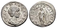 Roman Imperial Coins JULIA MAESA.(Augusta, 218-224/5).Rome.Denarius. Obv : IVLIA MAESA AVG. Draped bust right. Rev : SAECVLI FELICITAS. Felicitas standing left with patera over altar and caduceus; sta