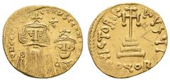Antike Münzen Antike Byzanz Konstans II. und sein Sohn Konstantinus IV., 654-659, Solidus (4,40 g), Konstantinopel, 3. Offizin. Av.: Die Brustbilder Konstans II. und Konstantinus' IV. von vorne, beide